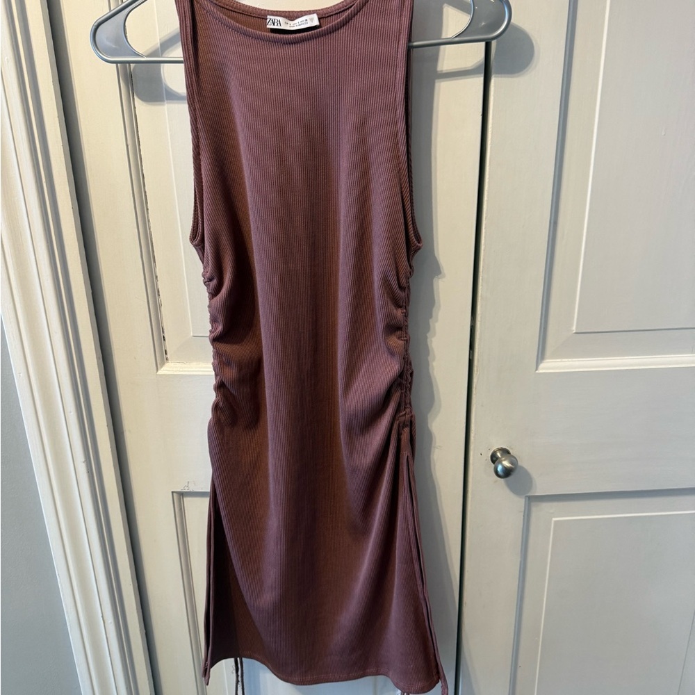 Zara Women’s Ribbed Rouched Bodycon Mini Mauve Dress - Picture 7 of 7